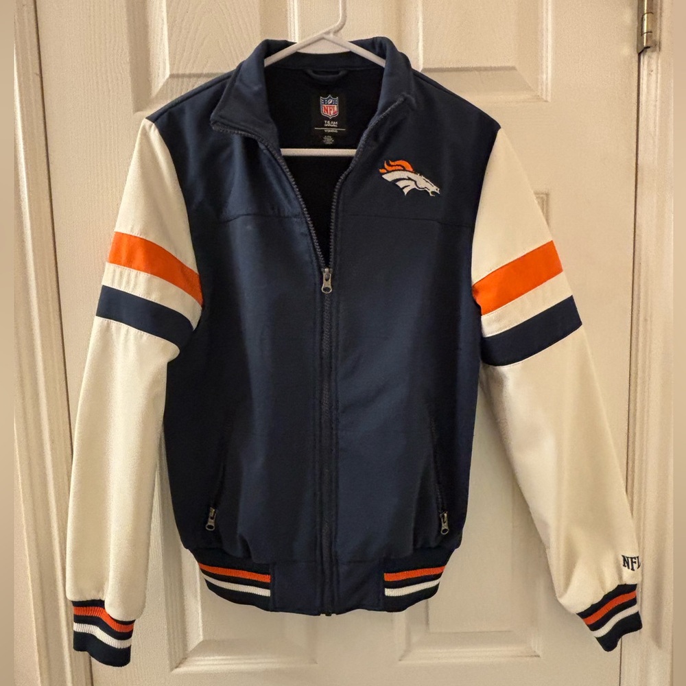 Vintage NFL Navy and White Bronco's Team Jacket with Orange Stripes
